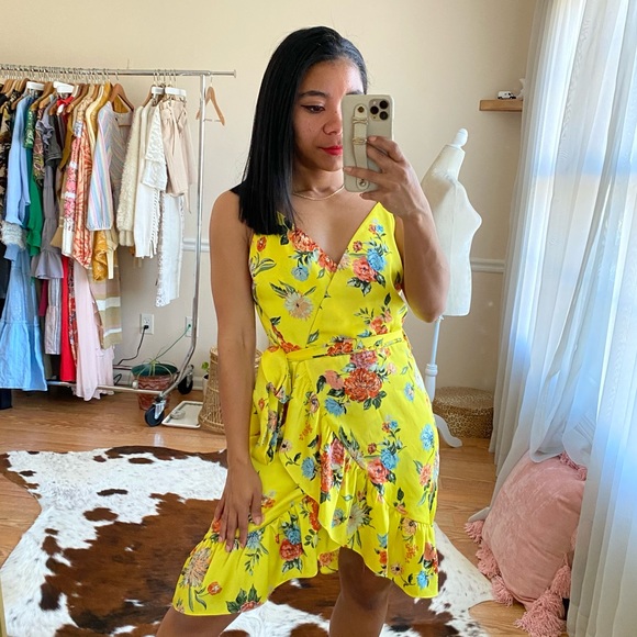J.O.A. Dresses & Skirts - J.O.A. Ruffled Wrap Dress in Yellow Floral S